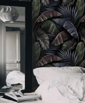 Dramatic Dark Tropical Palm and Banana Leaves Wallpaper