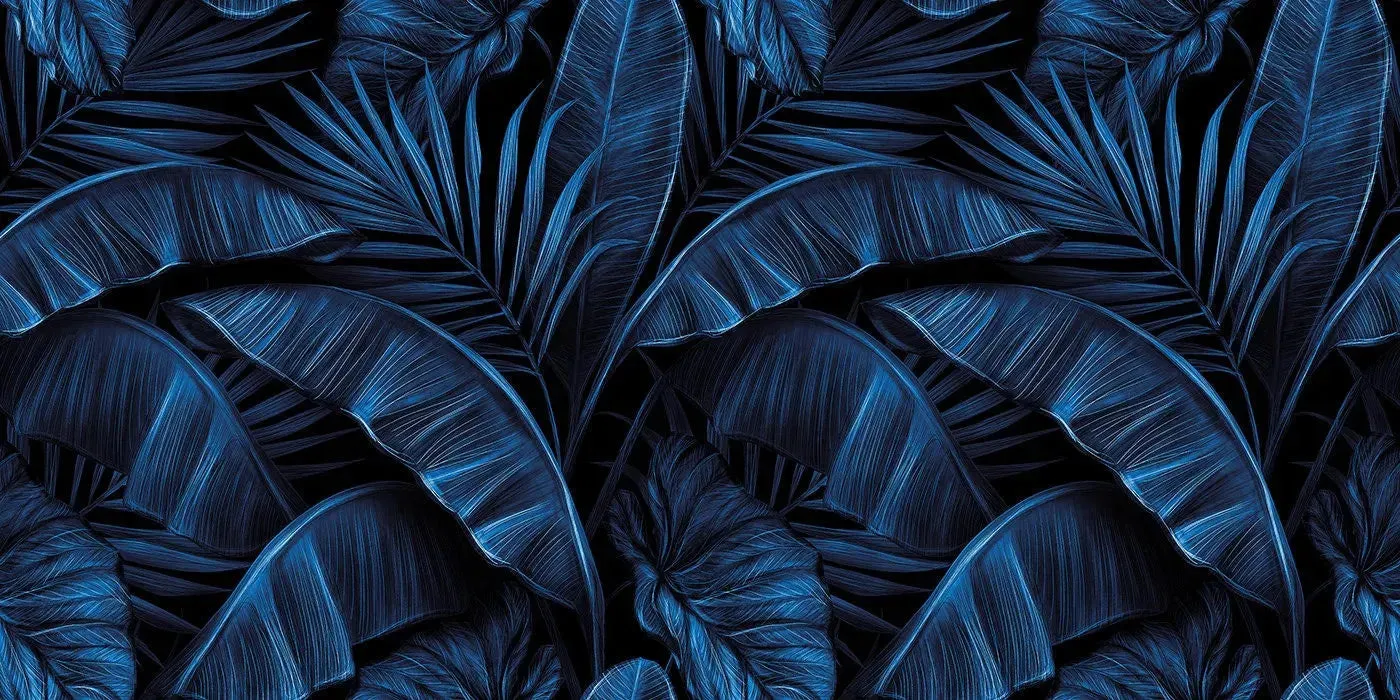 Electric Blue Tropical Palm and Banana Leaves Wallpaper