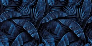 Electric Blue Tropical Palm and Banana Leaves Wallpaper