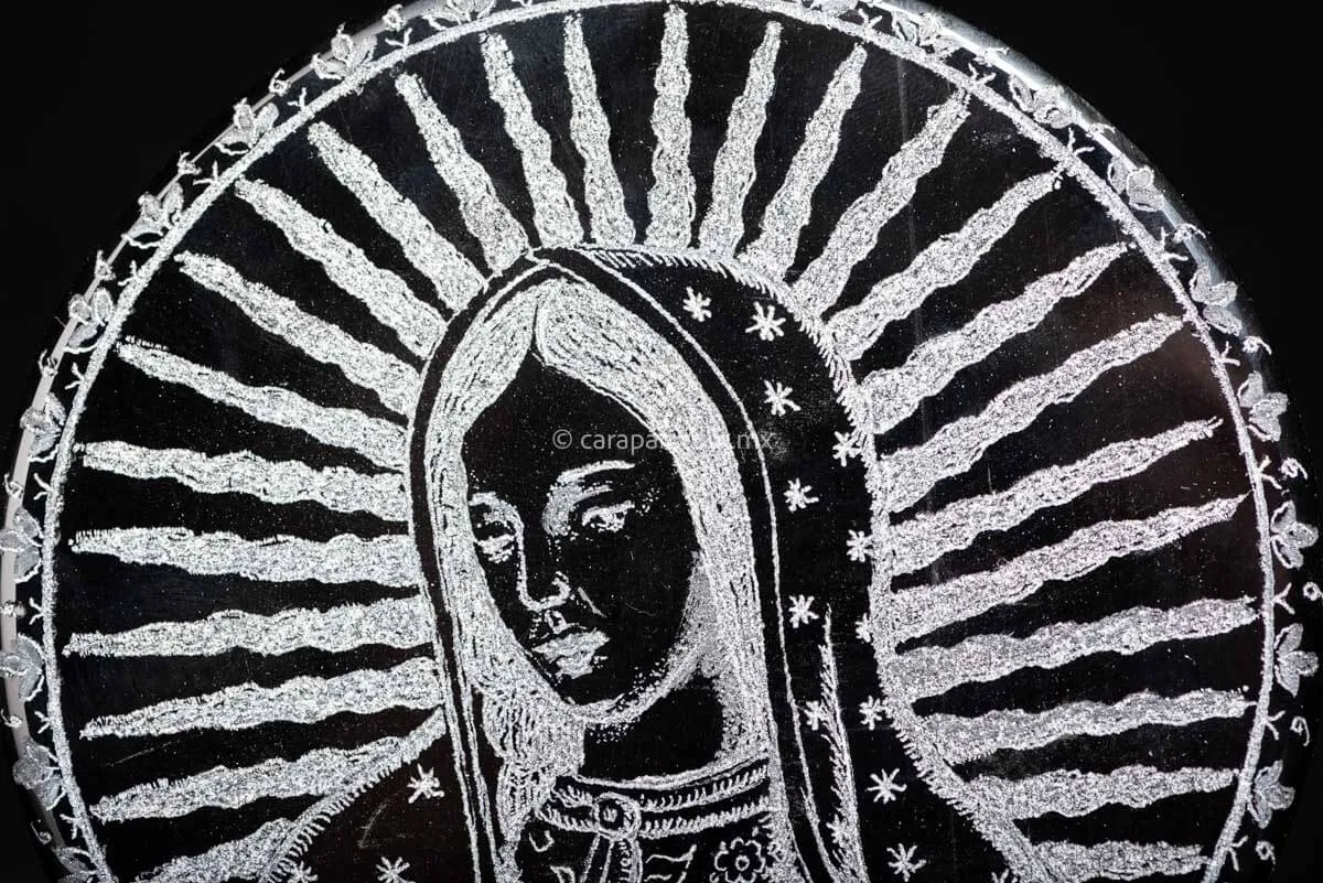 Engraved Obsidian with Virgin of Guadalupe & Juan Diego