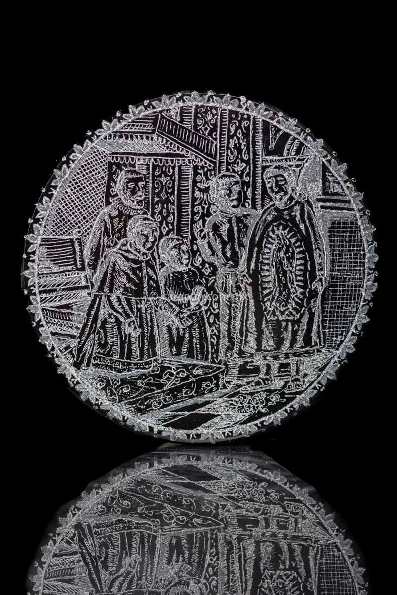 Engraved Obsidian with Virgin of Guadalupe & Juan Diego