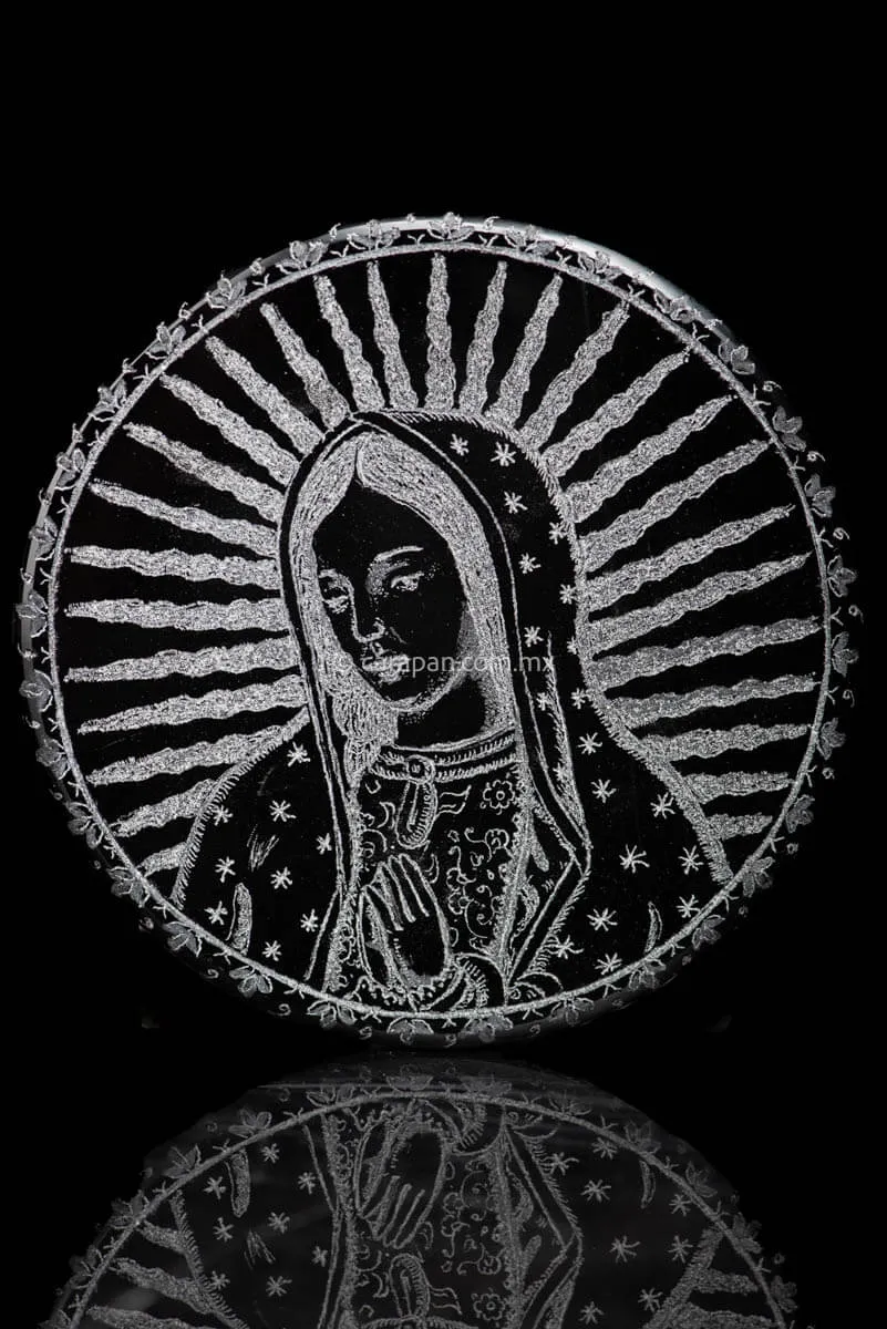 Engraved Obsidian with Virgin of Guadalupe & Juan Diego