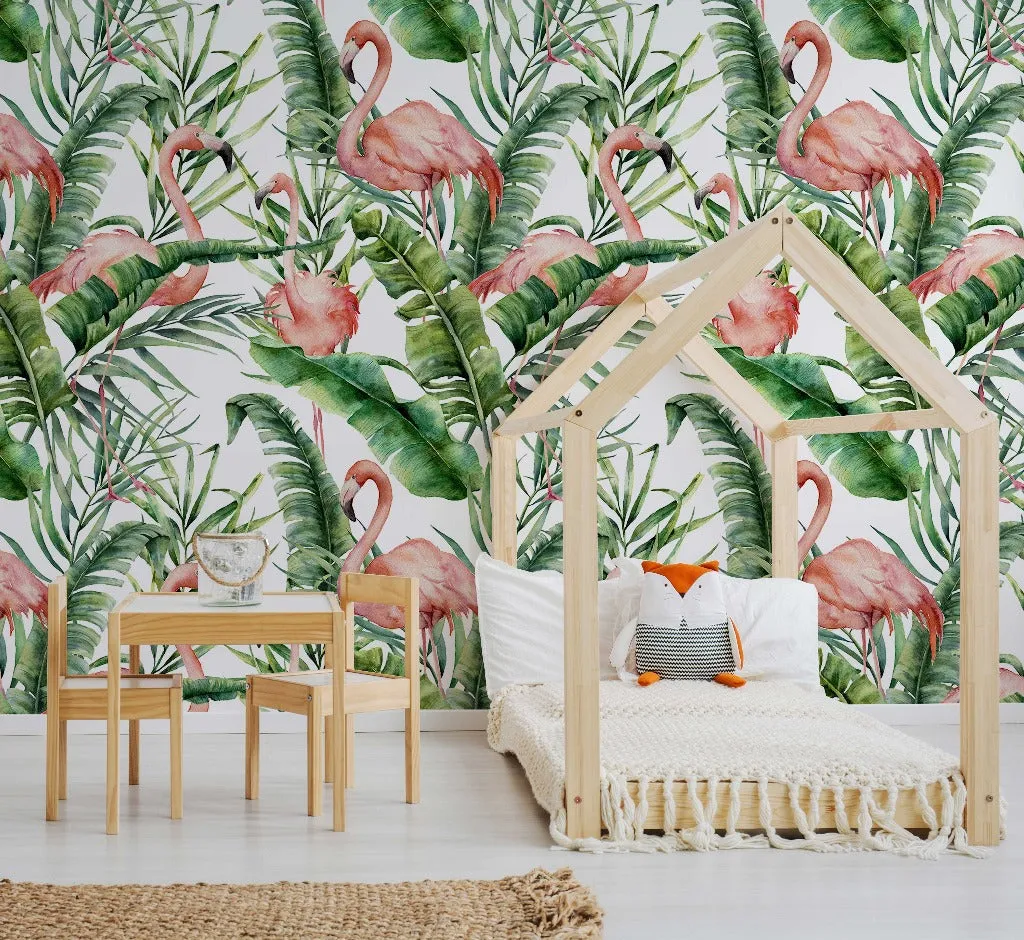 Flamingos and Tropical Leaves Wallpaper Mural