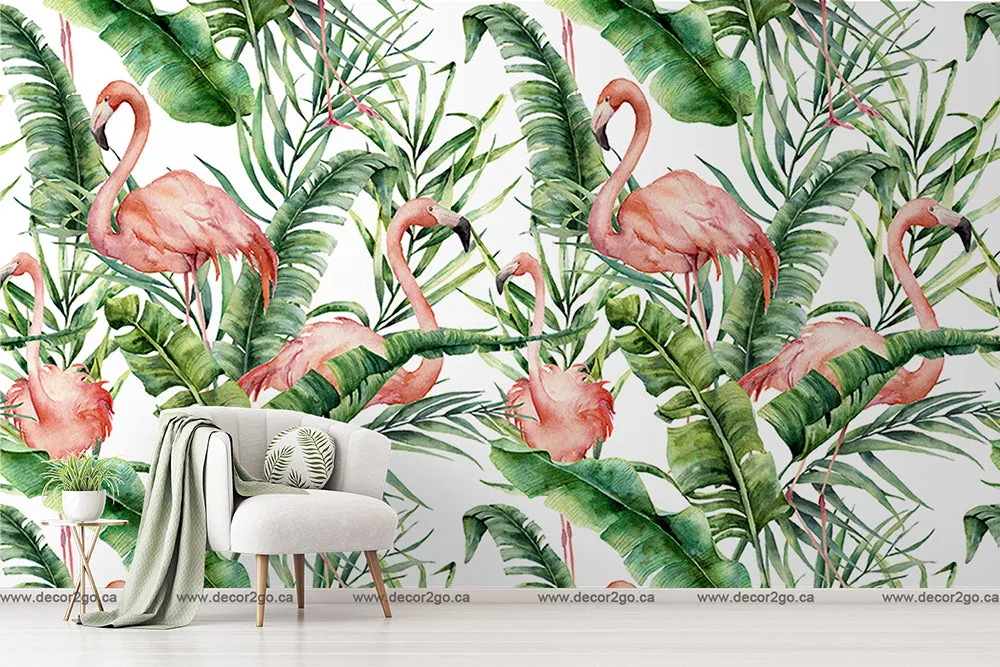 Flamingos and Tropical Leaves Wallpaper Mural