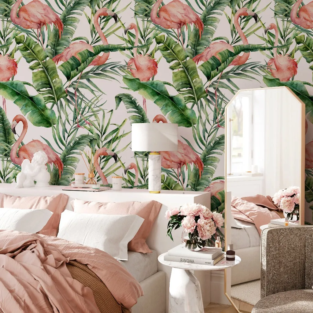 Flamingos and Tropical Leaves Wallpaper Mural