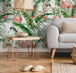 Flamingos and Tropical Leaves Wallpaper Mural