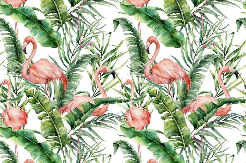 Flamingos and Tropical Leaves Wallpaper Mural