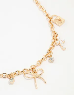 Gold Bow & Cross Charm Necklace