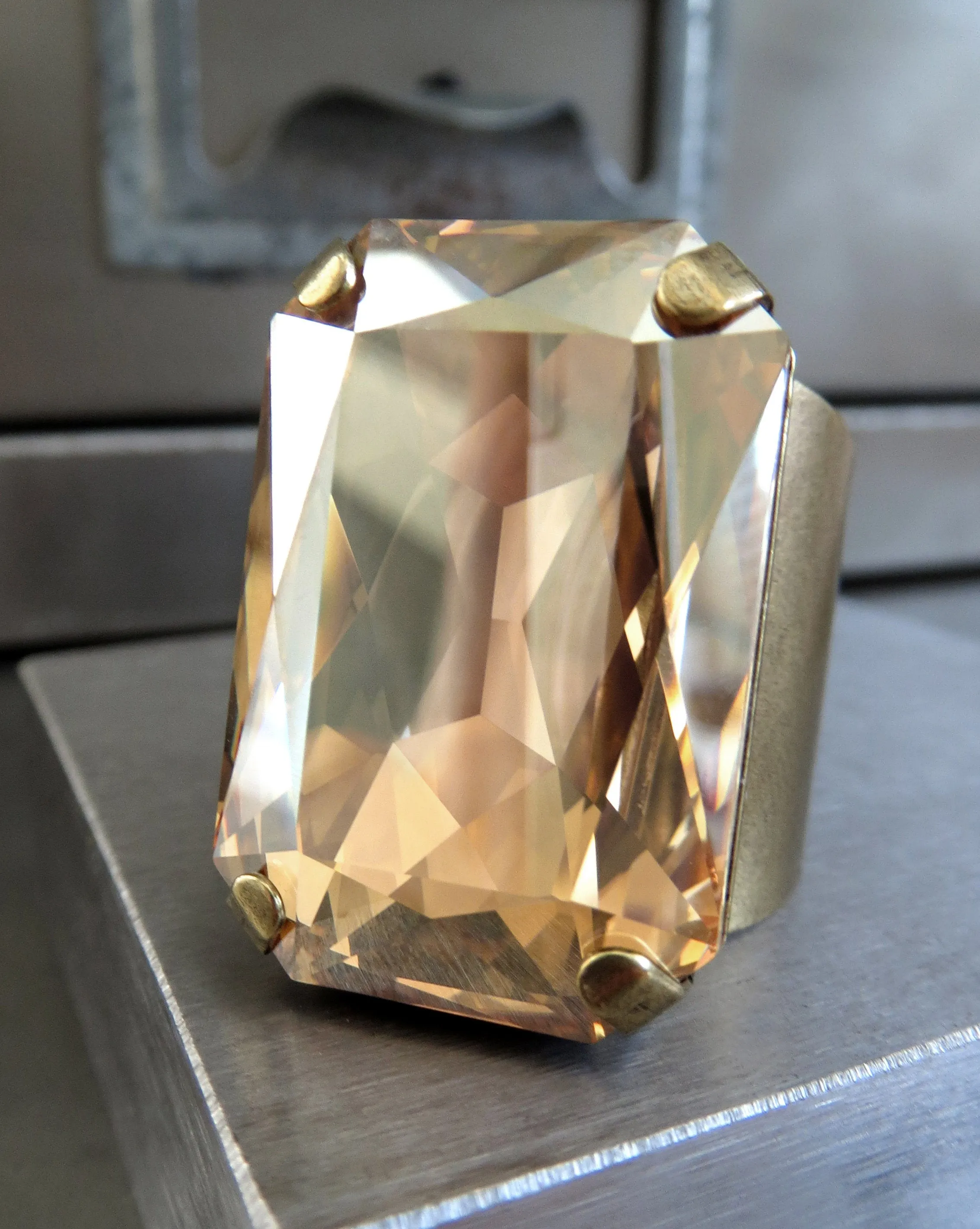 GOLD CHAMPAGNE - Rectangle Crystal Ring in Golden Champagne