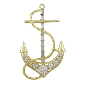Gold Crystal Anchor with Clear Baguettes Brooch Pin - PRS045G