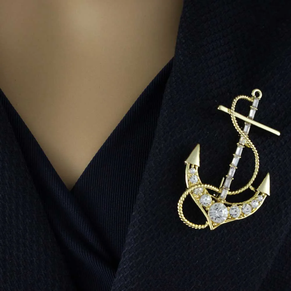 Gold Crystal Anchor with Clear Baguettes Brooch Pin - PRS045G