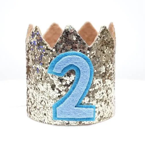 Gold Glitter Sparkles Blue 2nd Birthday Boy Hat Party Crown Toddler 2 Birthday Decor