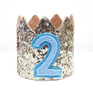 Gold Glitter Sparkles Blue 2nd Birthday Boy Hat Party Crown Toddler 2 Birthday Decor