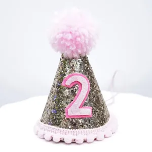 Gold Glitter Sparkles Pink 2nd Birthday Girl Cone Hat Party Toddler 2 Birthday Pom Pom Hat