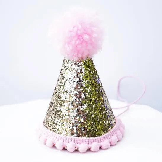 Gold Glitter Sparkles Pink 2nd Birthday Girl Cone Hat Party Toddler 2 Birthday Pom Pom Hat