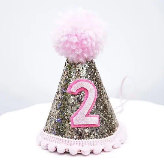 Gold Glitter Sparkles Pink 2nd Birthday Girl Cone Hat Party Toddler 2 Birthday Pom Pom Hat