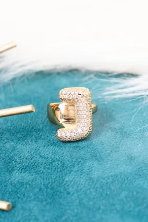 Goldtone Crystal Pave "J"  Cuff Ring