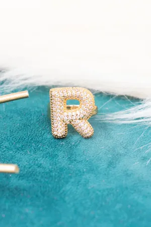 Goldtone Crystal Pave "R"  Cuff Ring