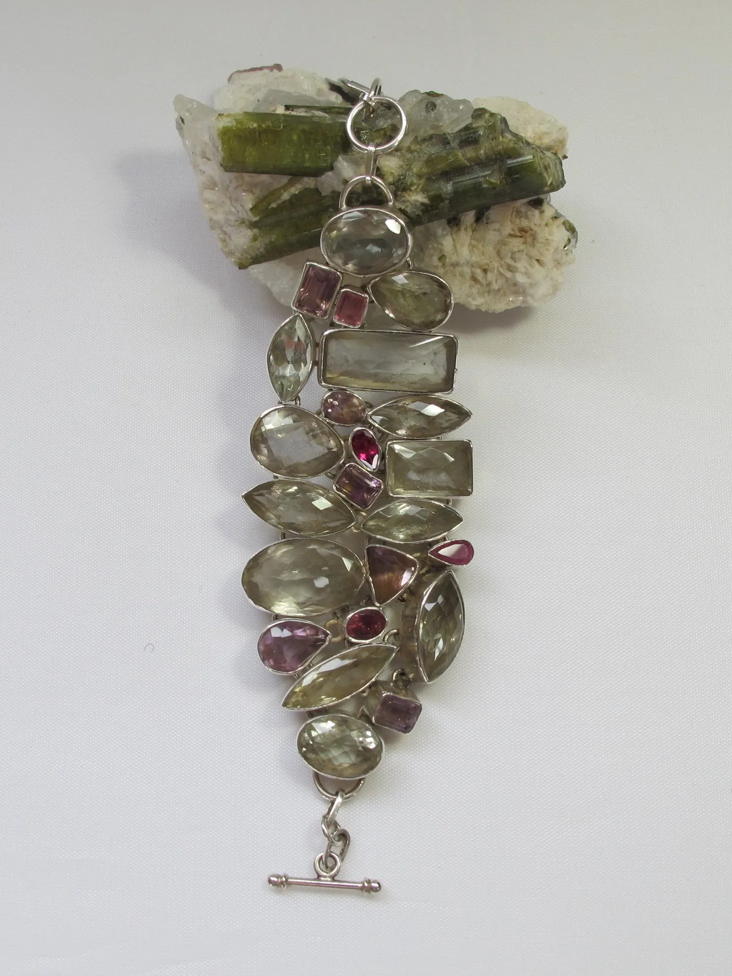 *Green Amethyst Quartz Crystal Bracelet with Pink and Lavender Tourmaline Gemstones