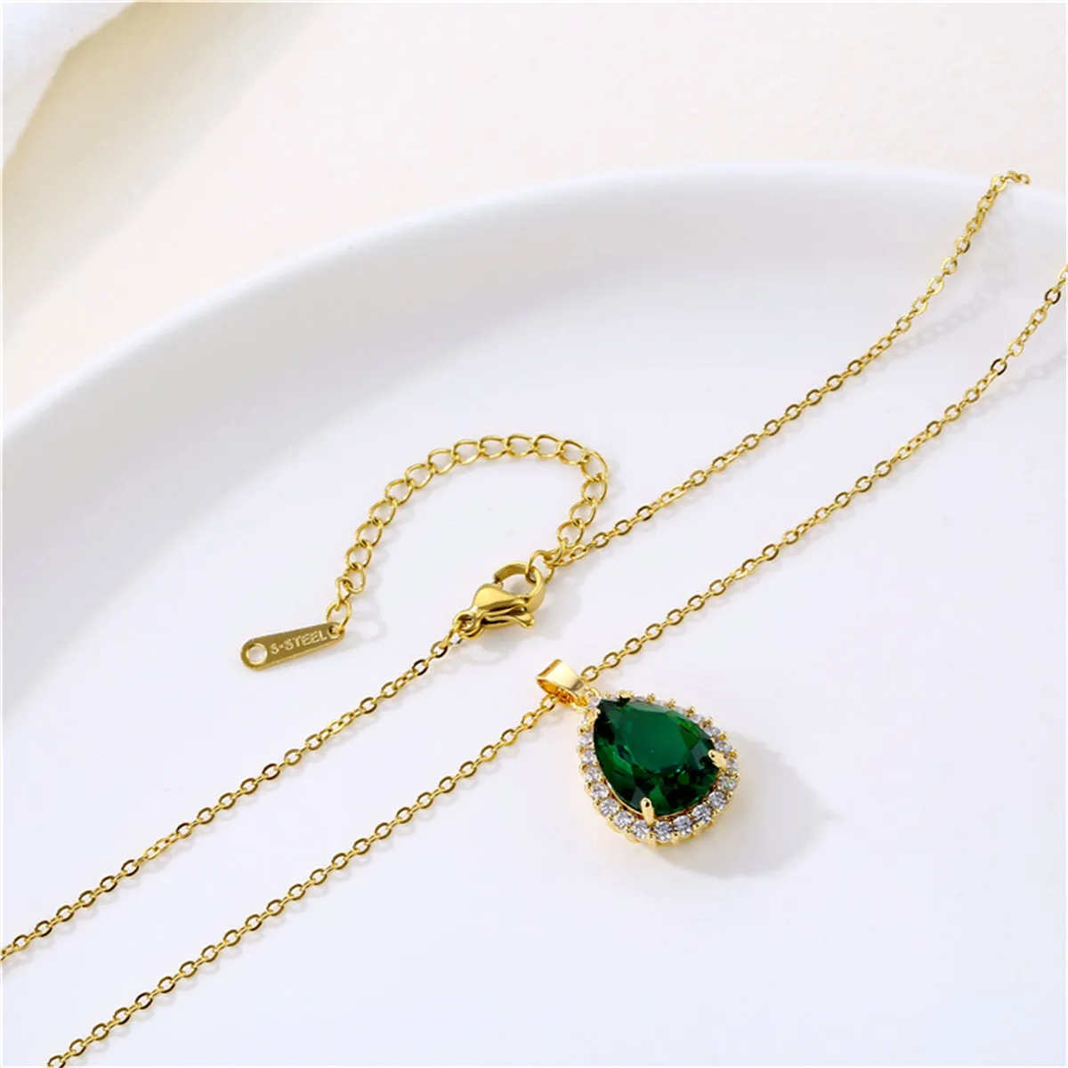 Green Crystal & Cubic Zirconia Drop Pendant Necklace