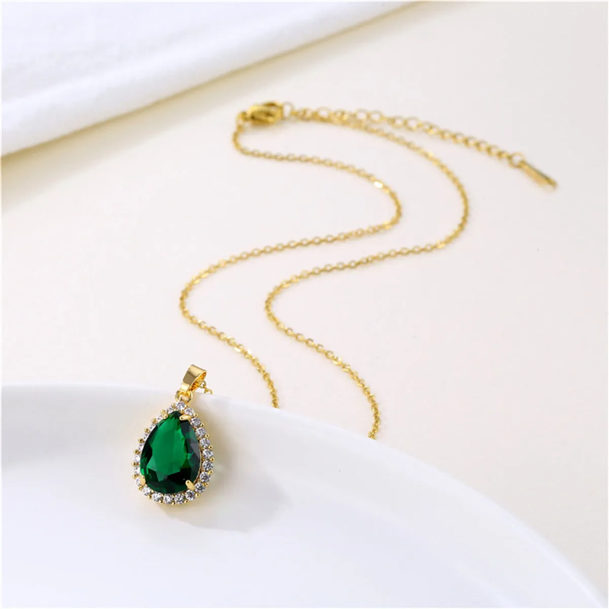 Green Crystal & Cubic Zirconia Drop Pendant Necklace
