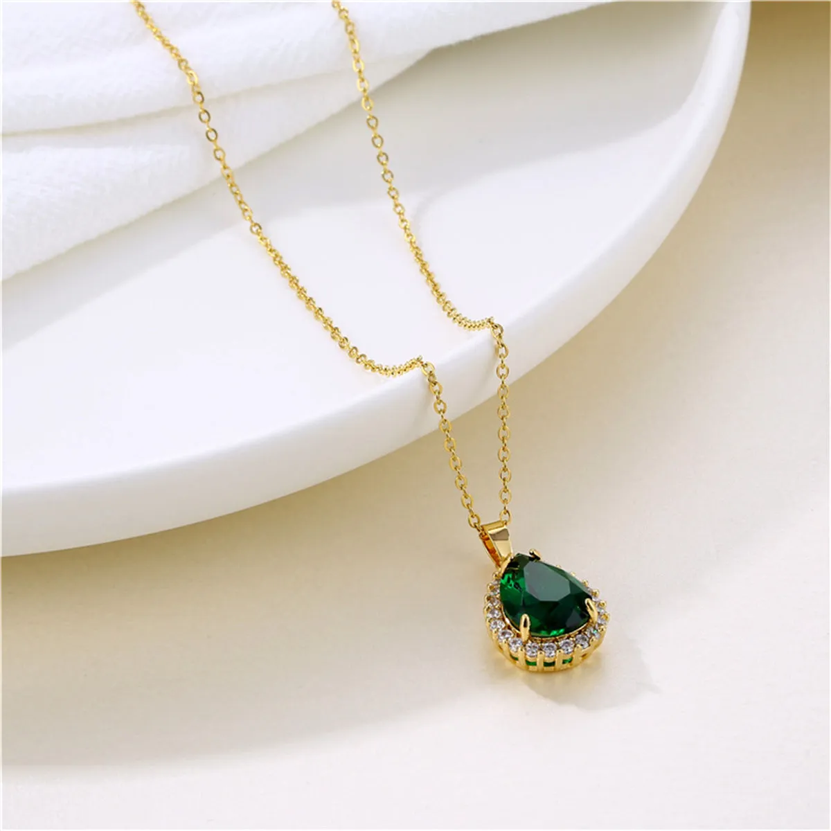 Green Crystal & Cubic Zirconia Drop Pendant Necklace