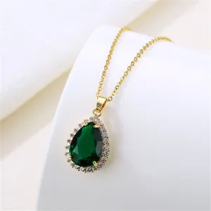 Green Crystal & Cubic Zirconia Drop Pendant Necklace