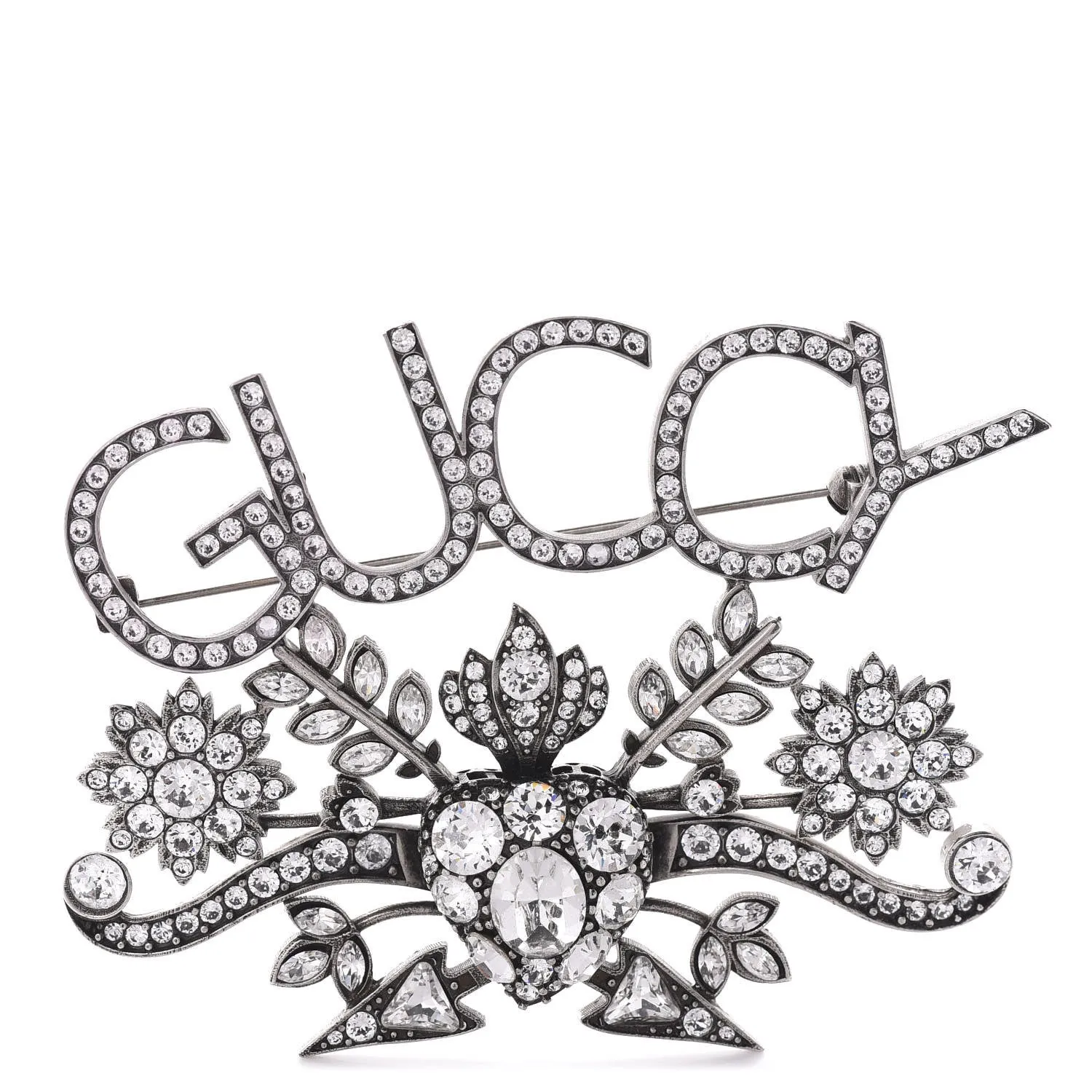 Gucci GUCCY Crystal Brooch in Silver