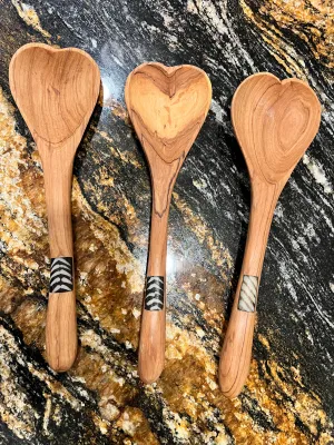 Handcrafted Olive Wood and Bone Heart Serving Wooden Spoon from Kenya