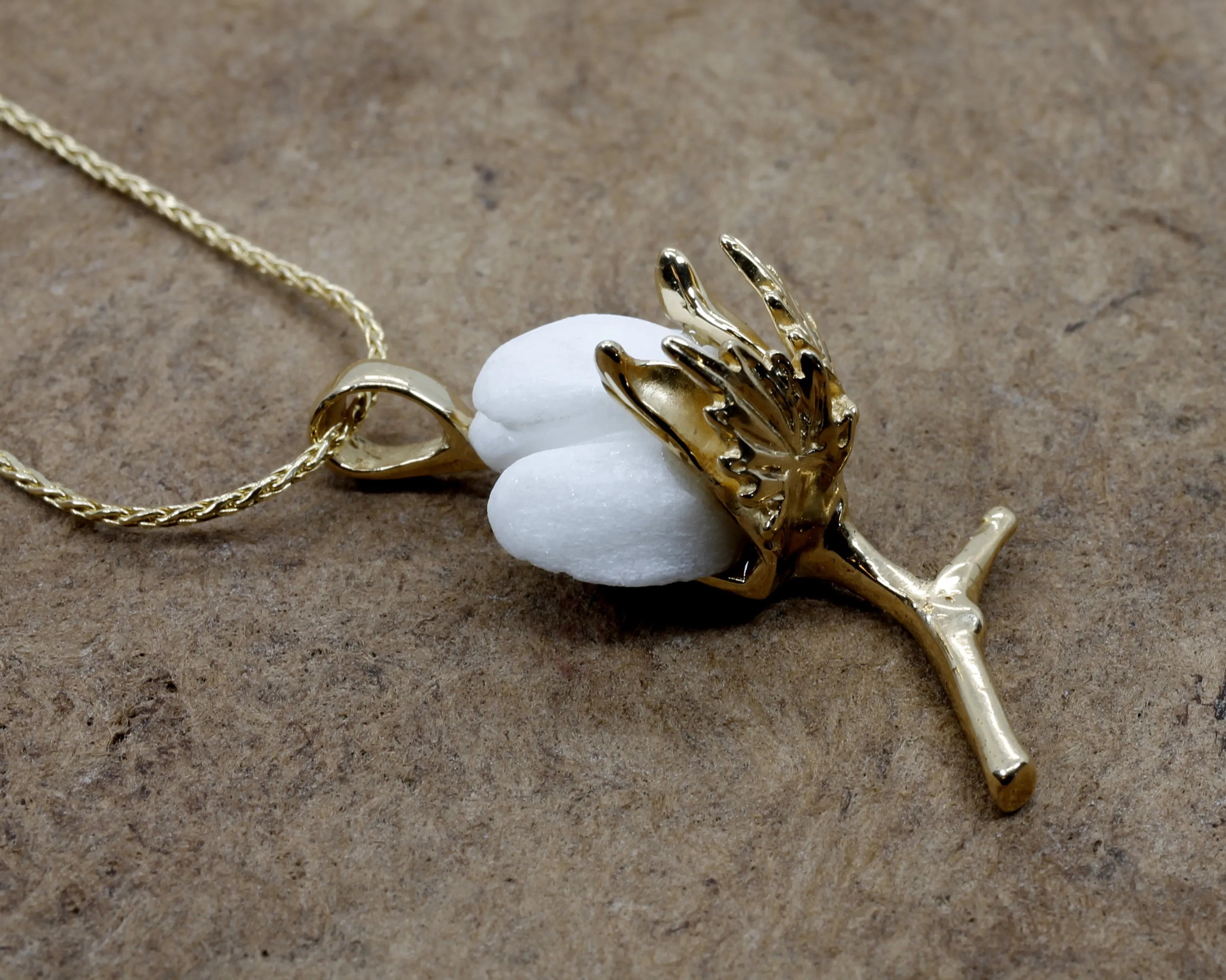 Handmade 14kt Gold Cotton Boll Necklace with single boll design
