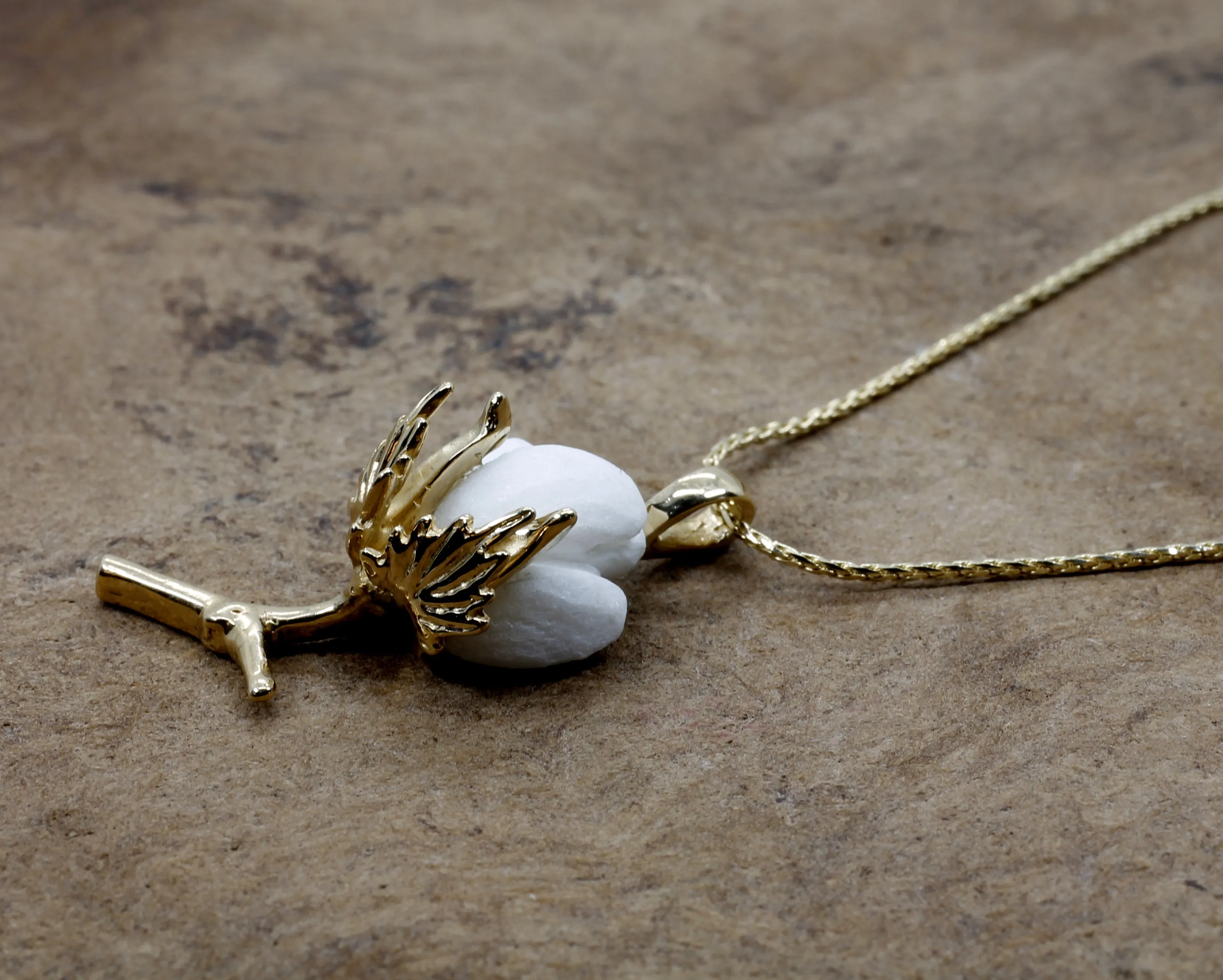 Handmade 14kt Gold Cotton Boll Necklace with single boll design
