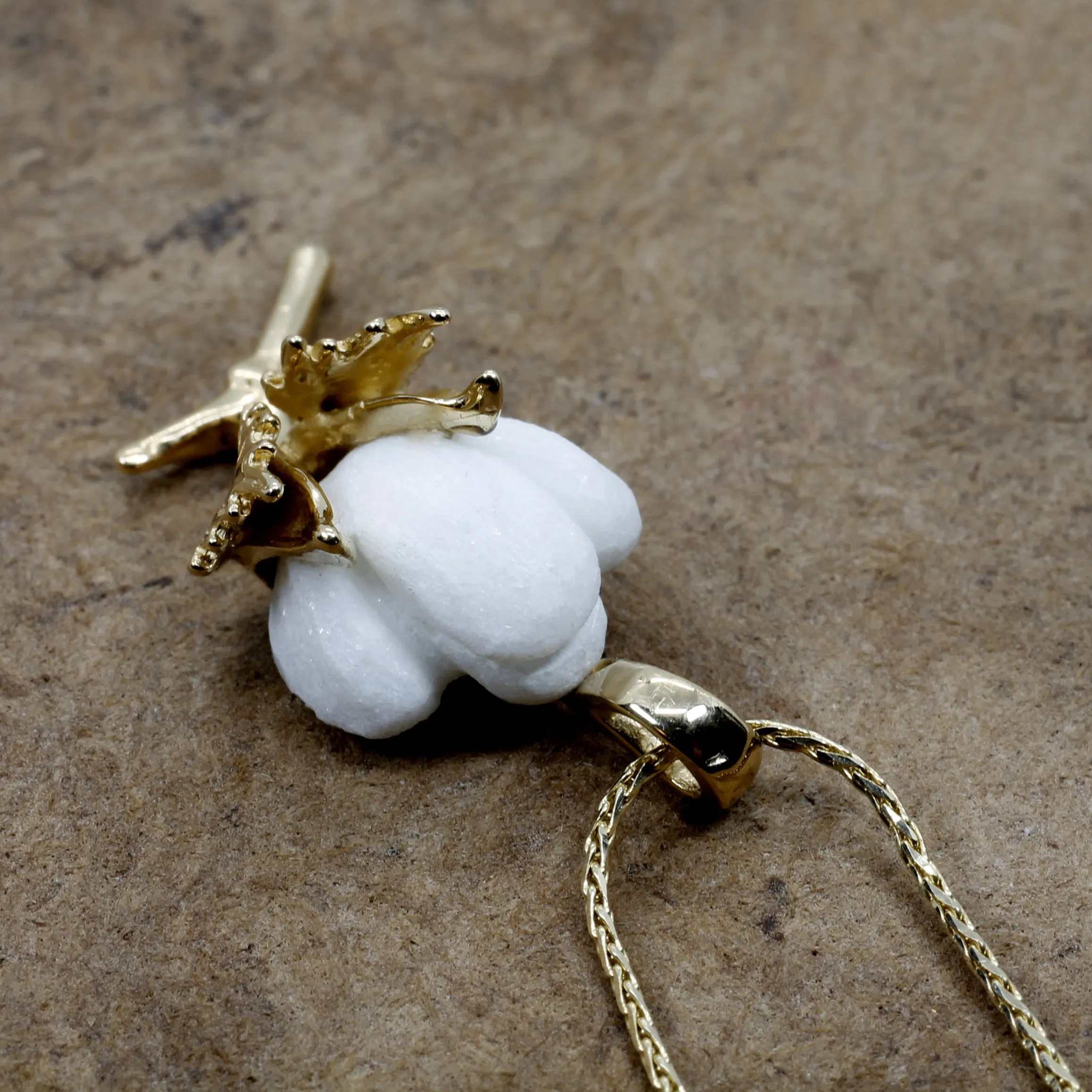 Handmade 14kt Gold Cotton Boll Necklace with single boll design