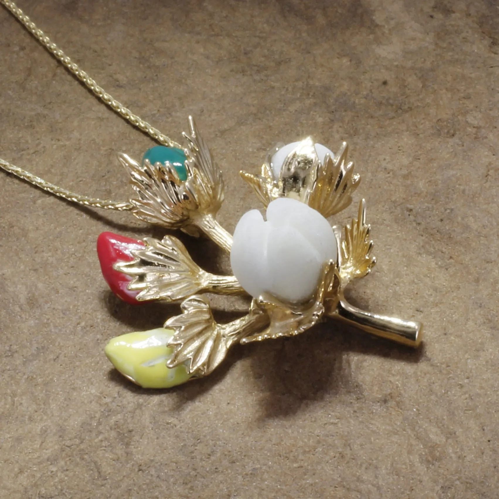 Handmade Cotton Boll Stages with Hand Enameled Cotton Blooms Necklace