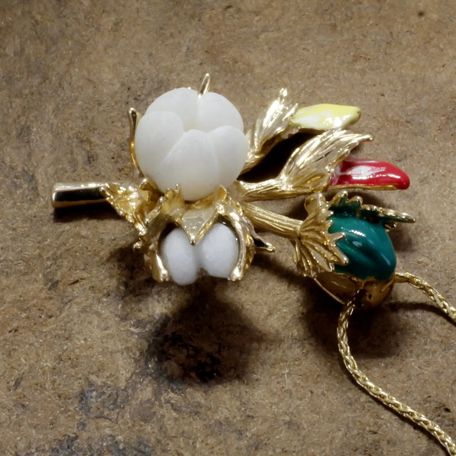 Handmade Cotton Boll Stages with Hand Enameled Cotton Blooms Necklace