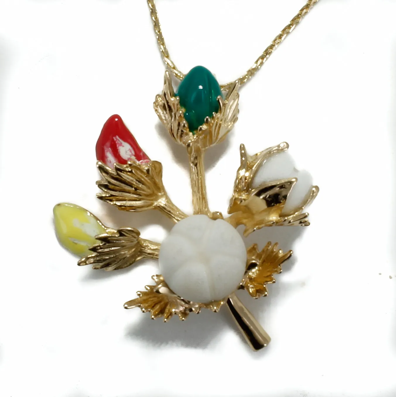 Handmade Cotton Boll Stages with Hand Enameled Cotton Blooms Necklace
