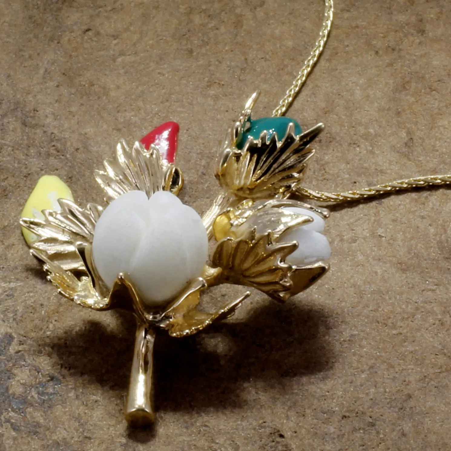 Handmade Cotton Boll Stages with Hand Enameled Cotton Blooms Necklace