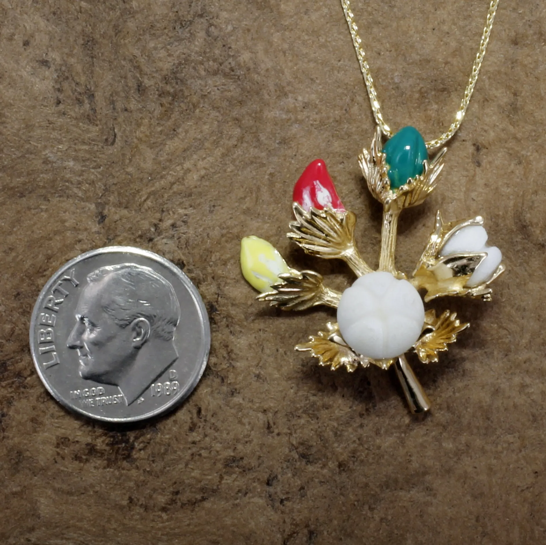 Handmade Cotton Boll Stages with Hand Enameled Cotton Blooms Necklace