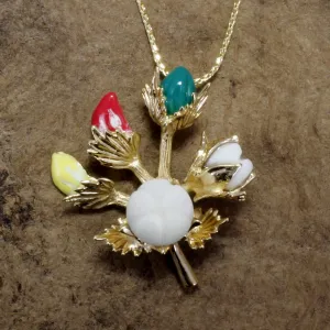 Handmade Cotton Boll Stages with Hand Enameled Cotton Blooms Necklace