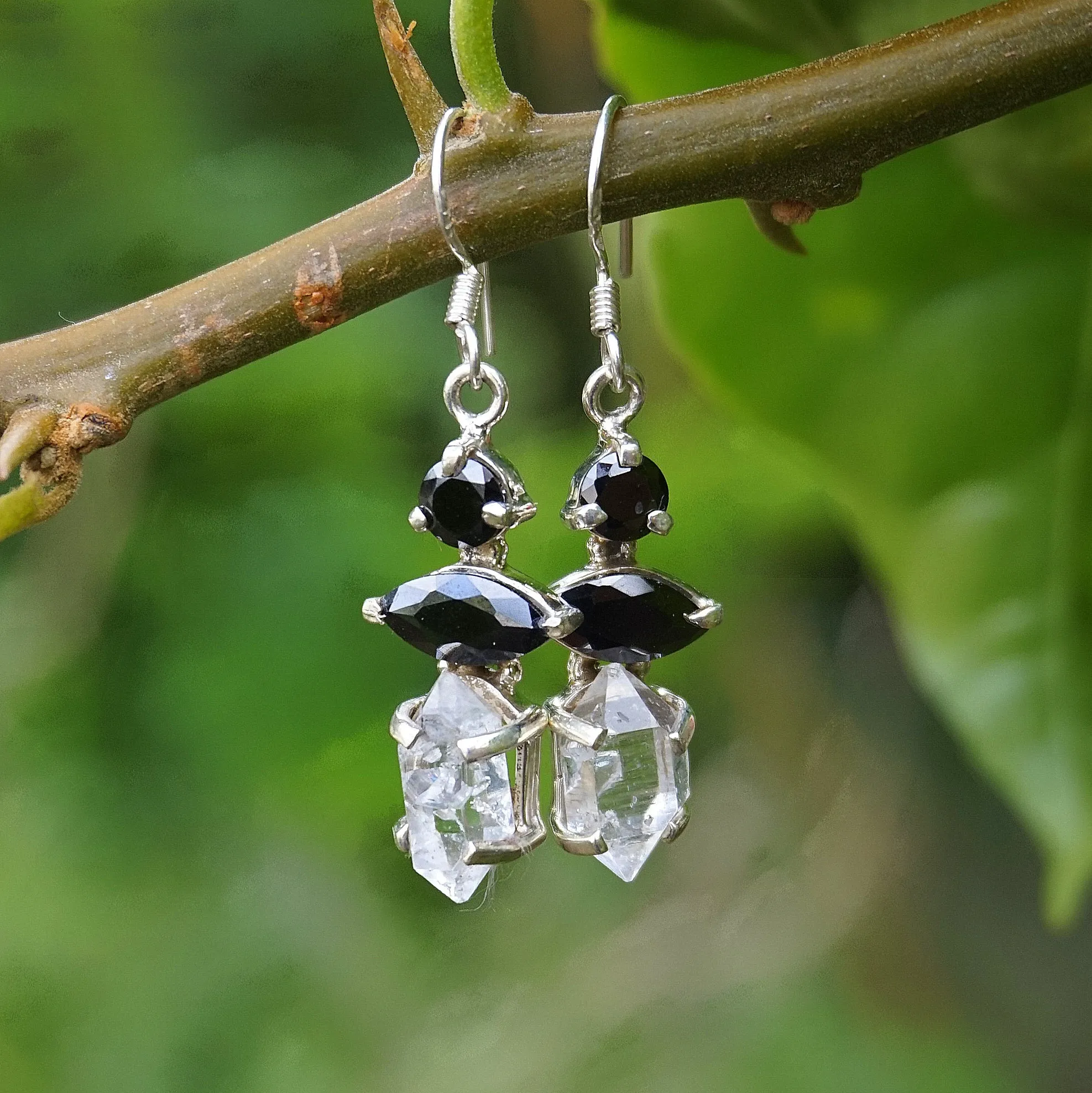 Herkimer Diamond Quartz Crystal Earring Set 1 with Black Onyx