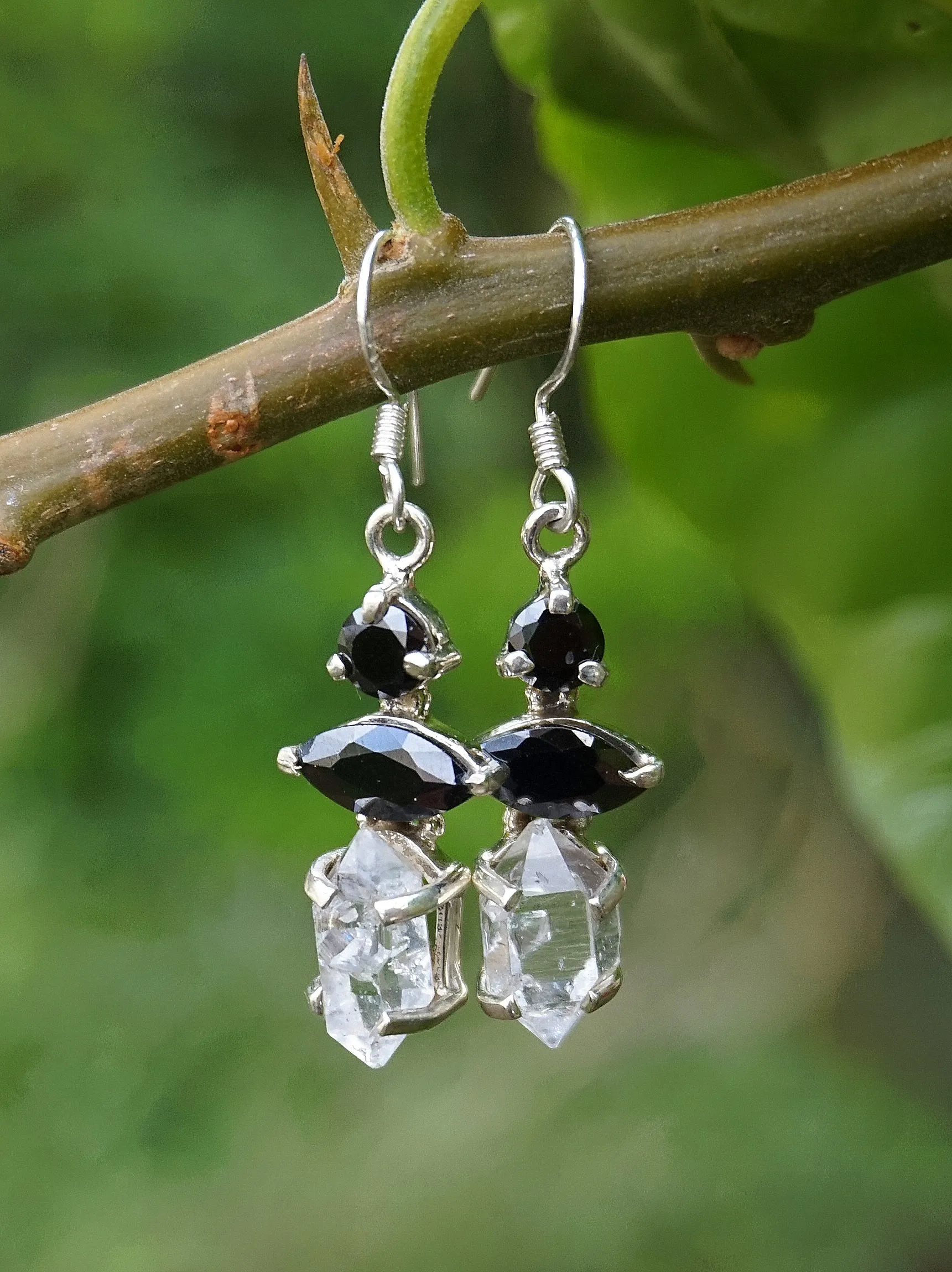 Herkimer Diamond Quartz Crystal Earring Set 1 with Black Onyx