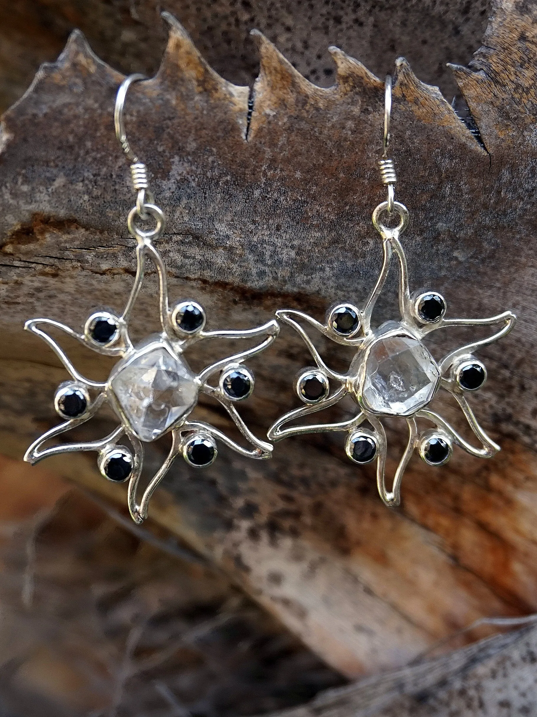 Herkimer Diamond Quartz Crystal Earring Set 2 with Black Onyx