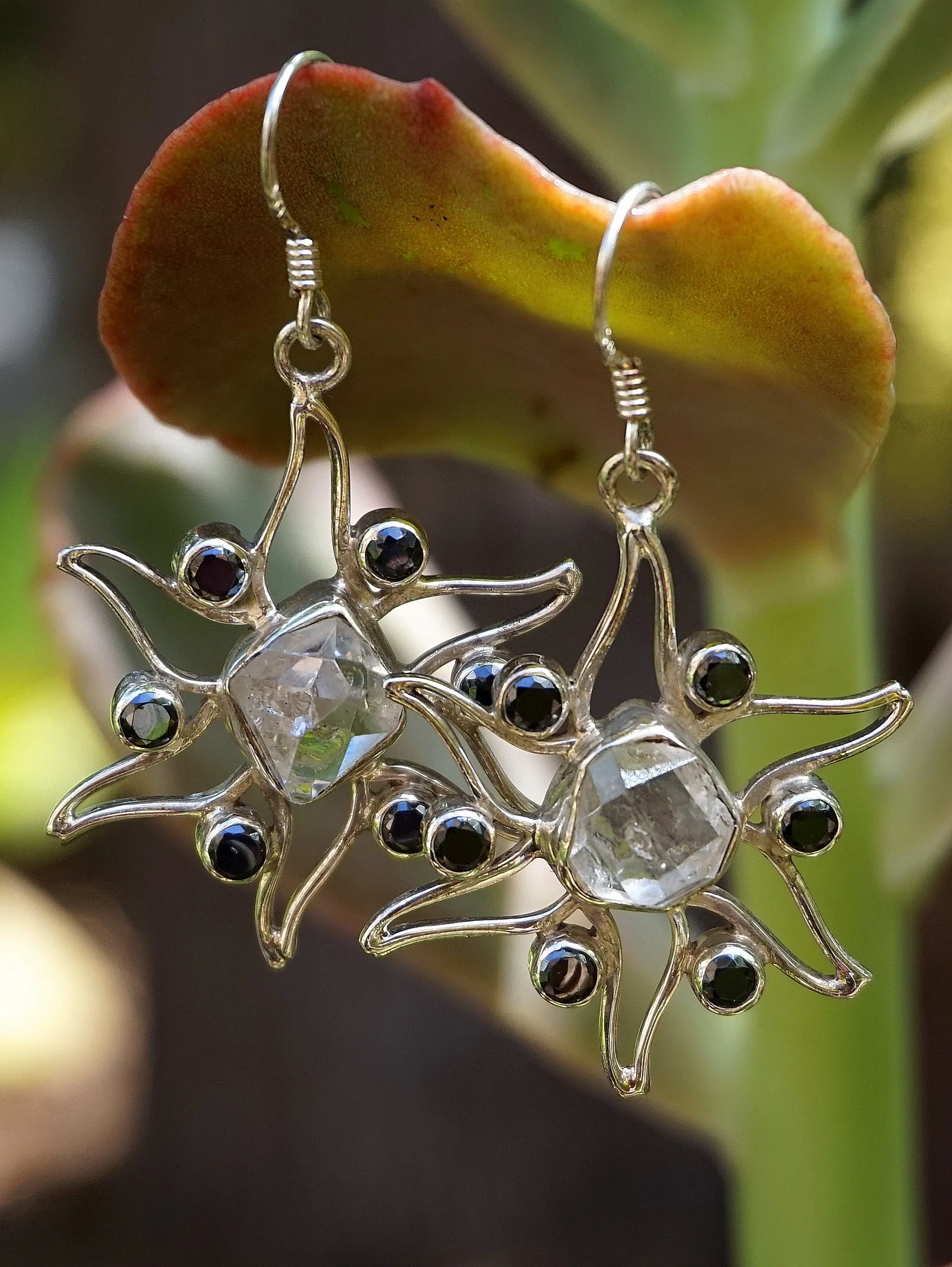 Herkimer Diamond Quartz Crystal Earring Set 2 with Black Onyx