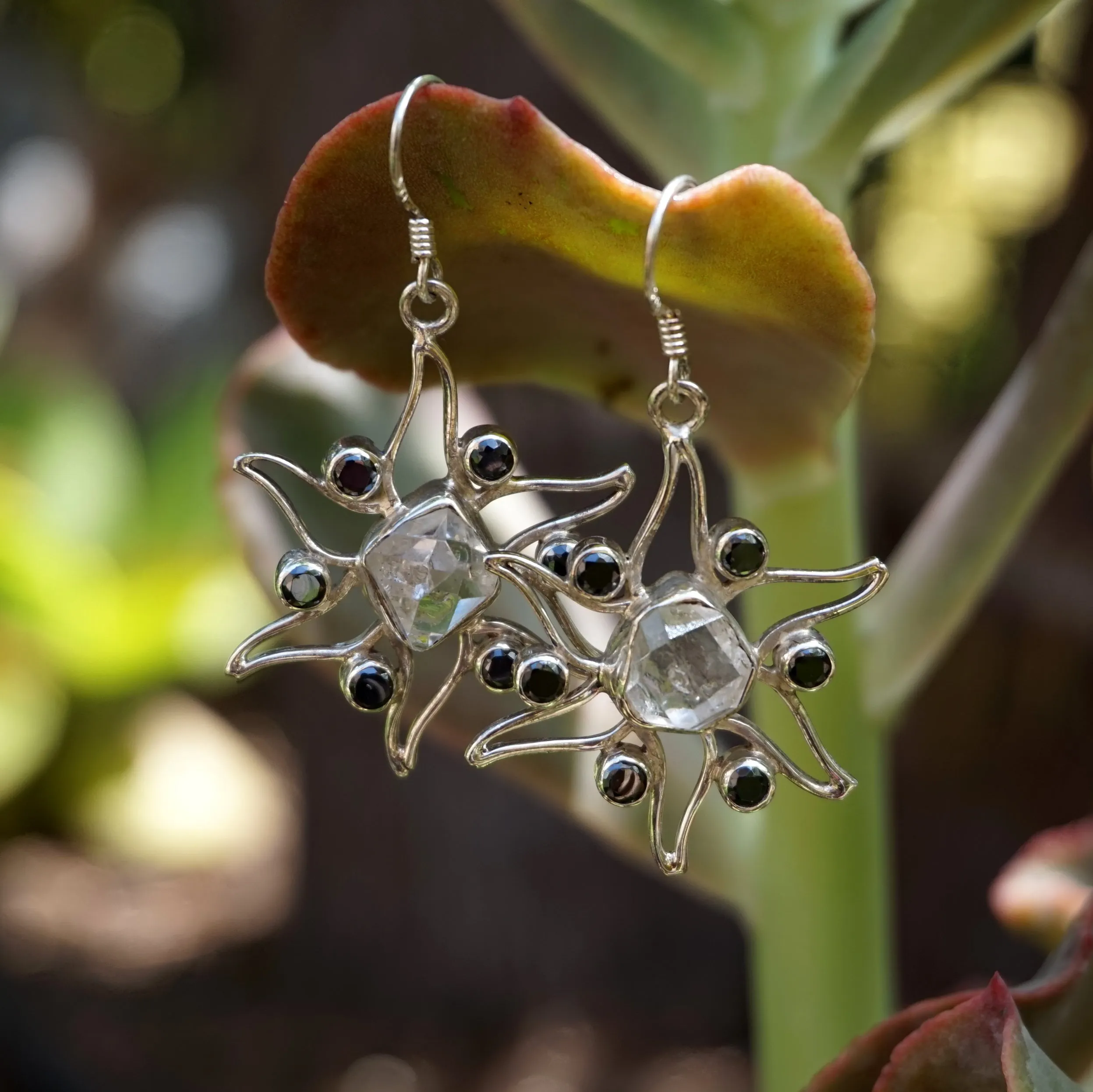 Herkimer Diamond Quartz Crystal Earring Set 2 with Black Onyx