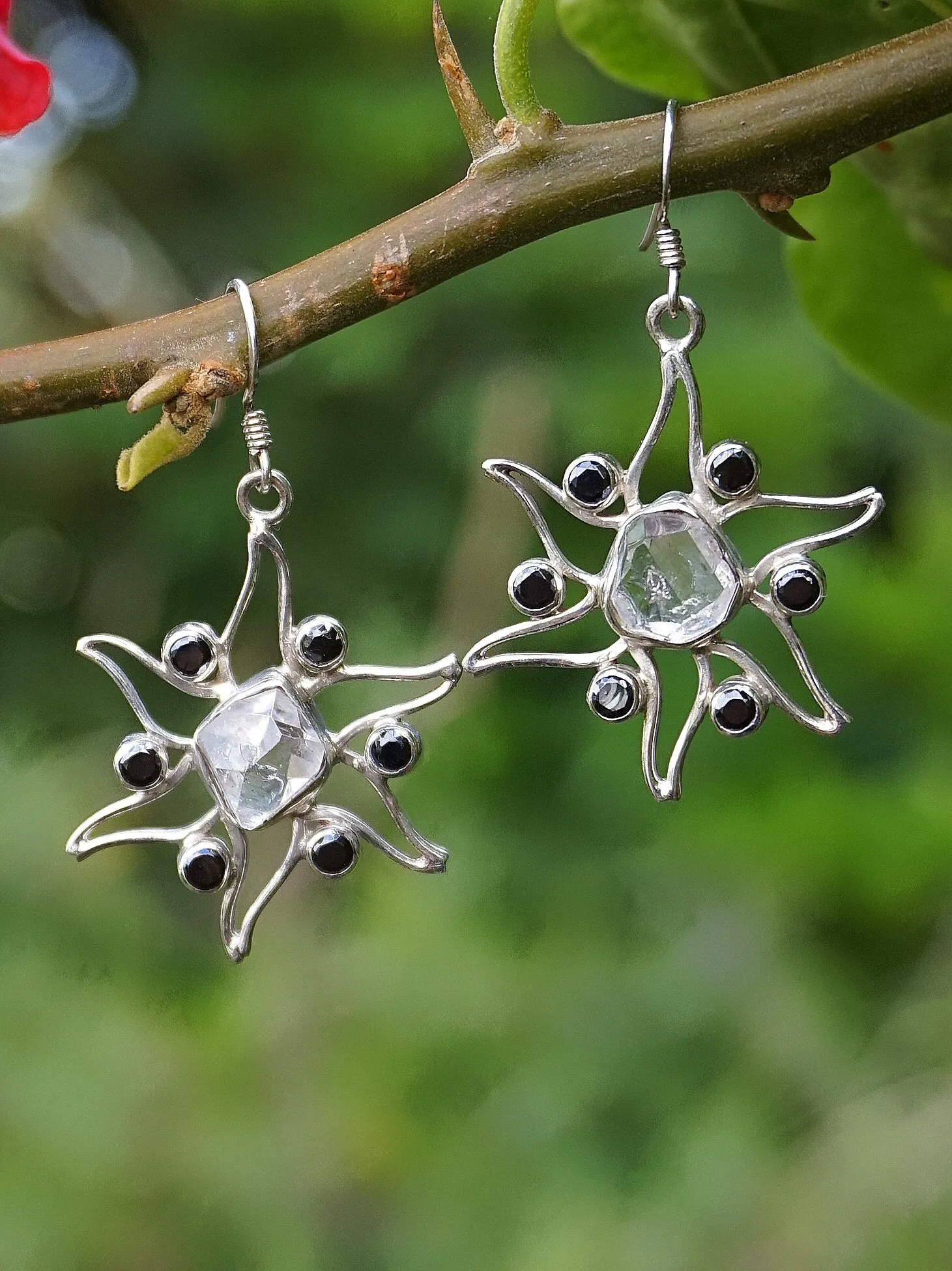 Herkimer Diamond Quartz Crystal Earring Set 2 with Black Onyx