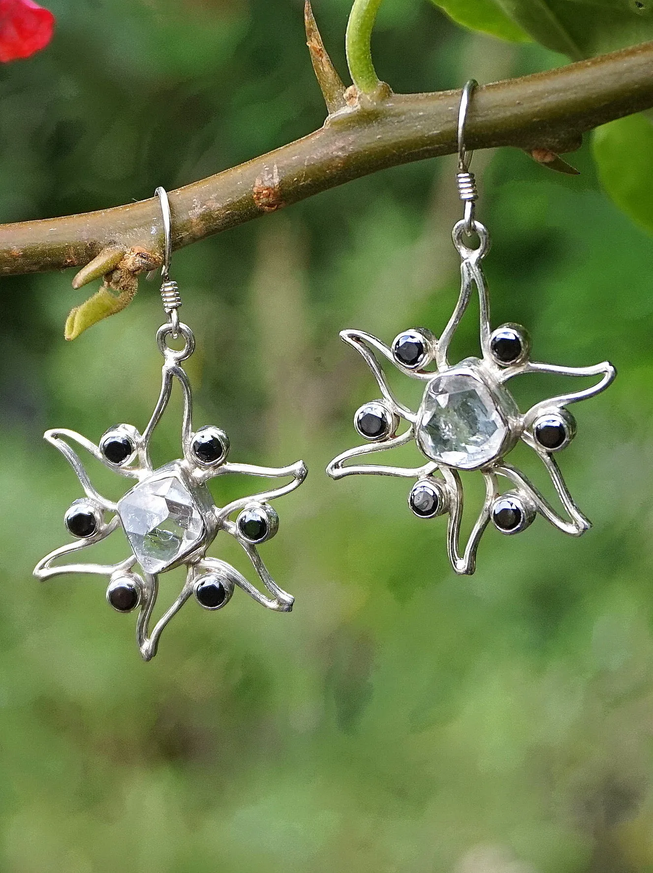 Herkimer Diamond Quartz Crystal Earring Set 2 with Black Onyx