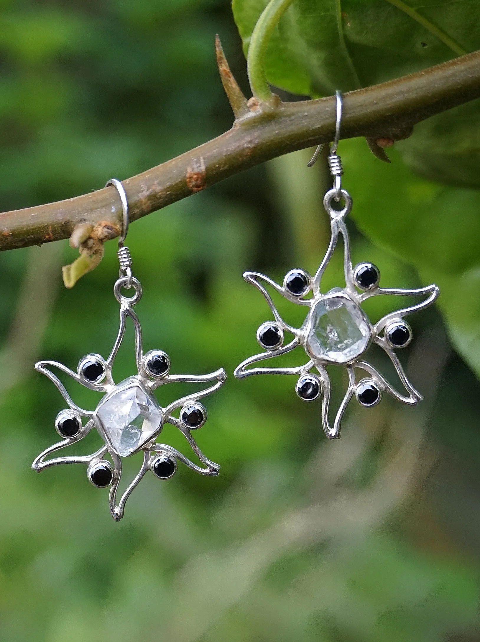 Herkimer Diamond Quartz Crystal Earring Set 2 with Black Onyx