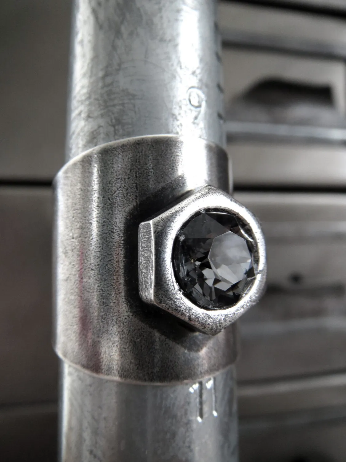 HEX - Mens Hex Nut Hardware Ring with Crystal