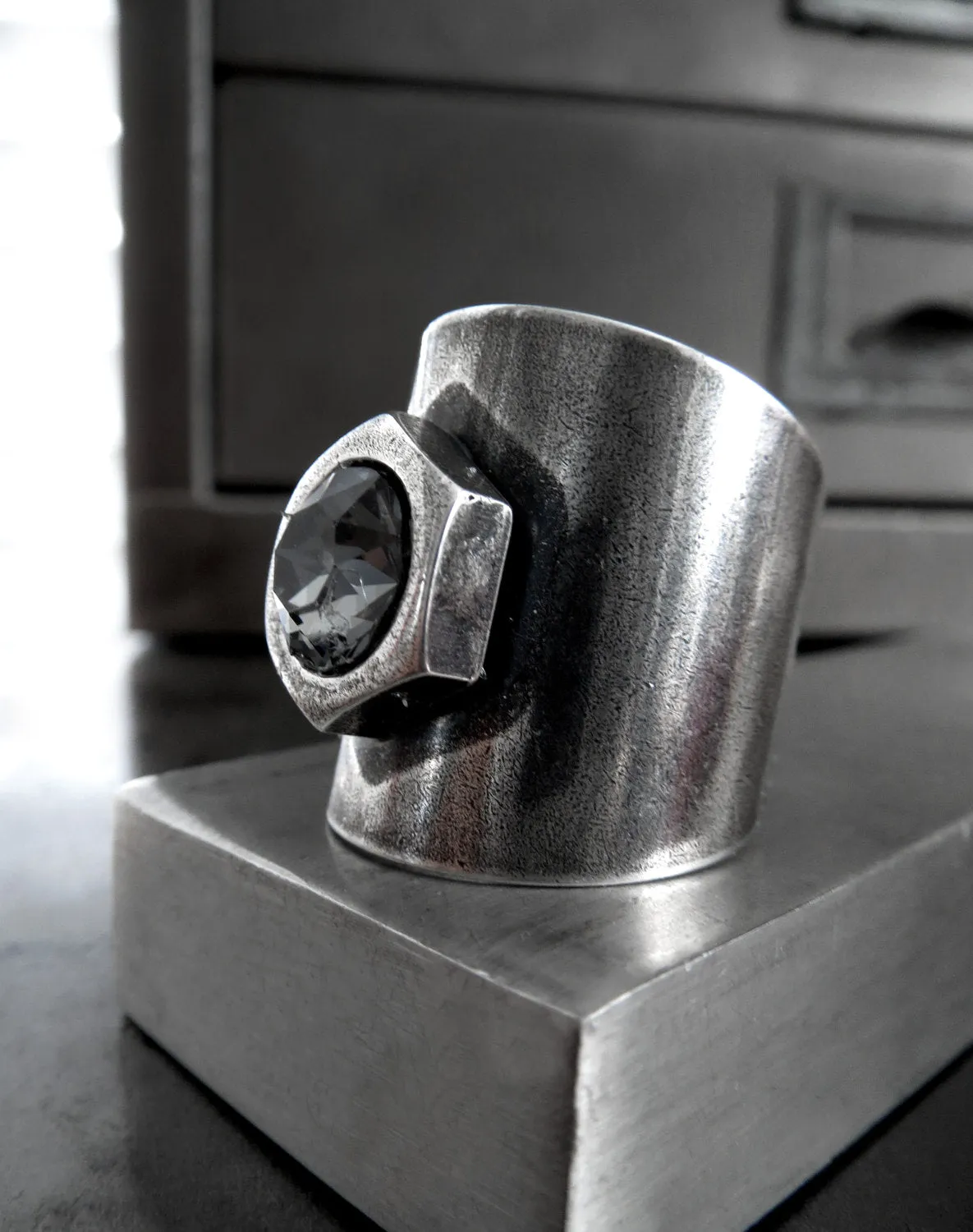 HEX - Mens Hex Nut Hardware Ring with Crystal