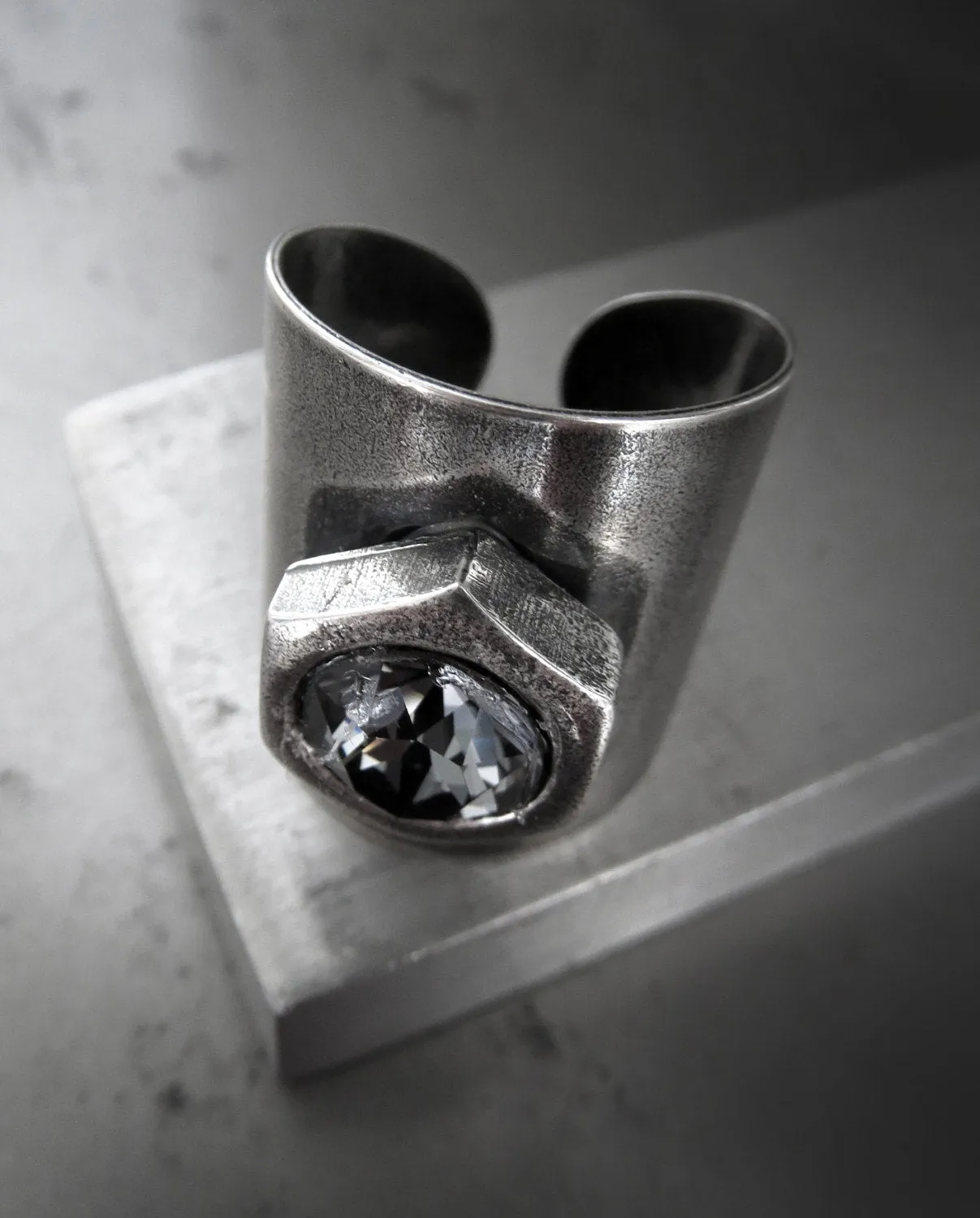 HEX - Mens Hex Nut Hardware Ring with Crystal