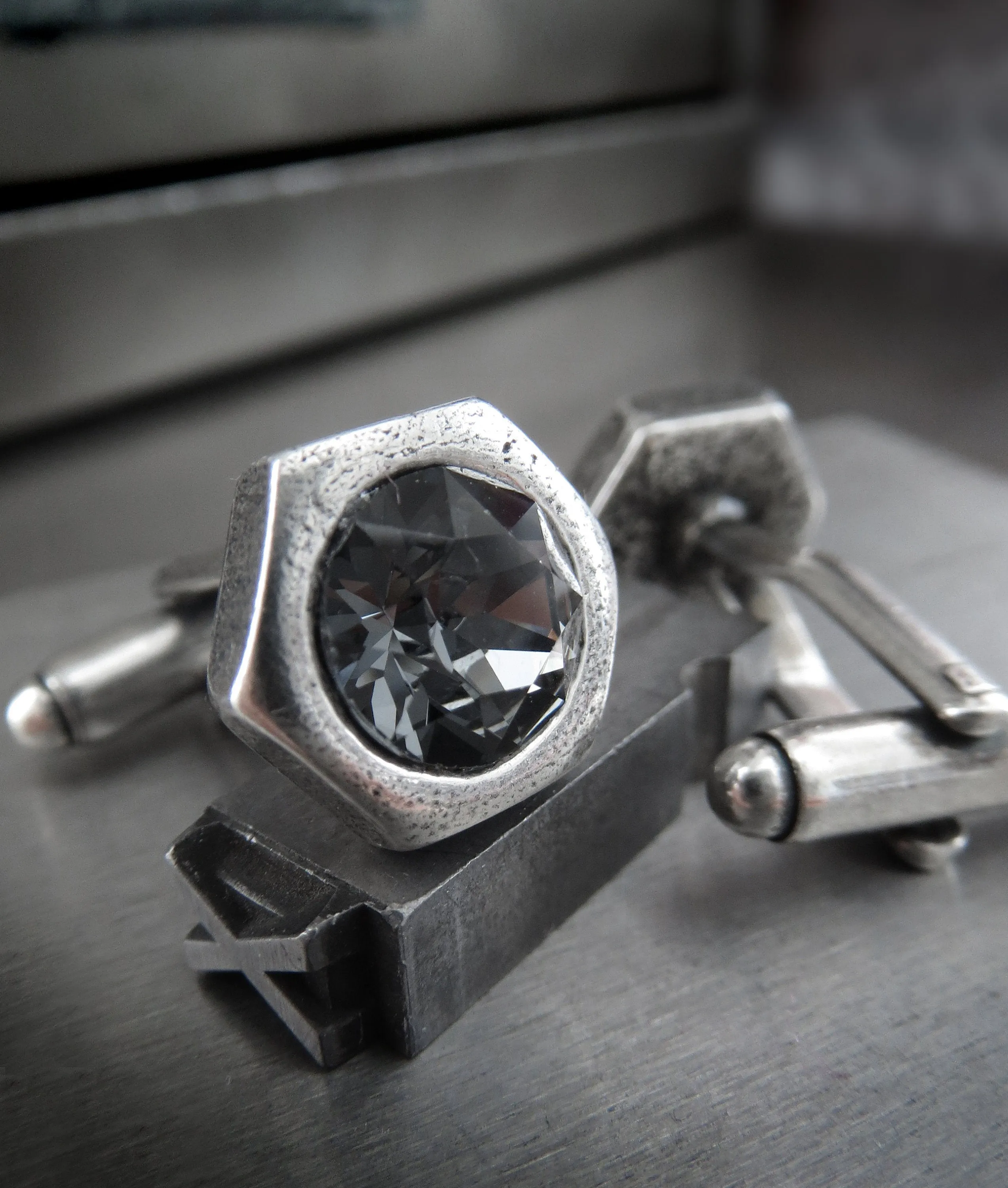 Hex Nut Cufflinks with Dark Grey Crystal - Antiqued Silver